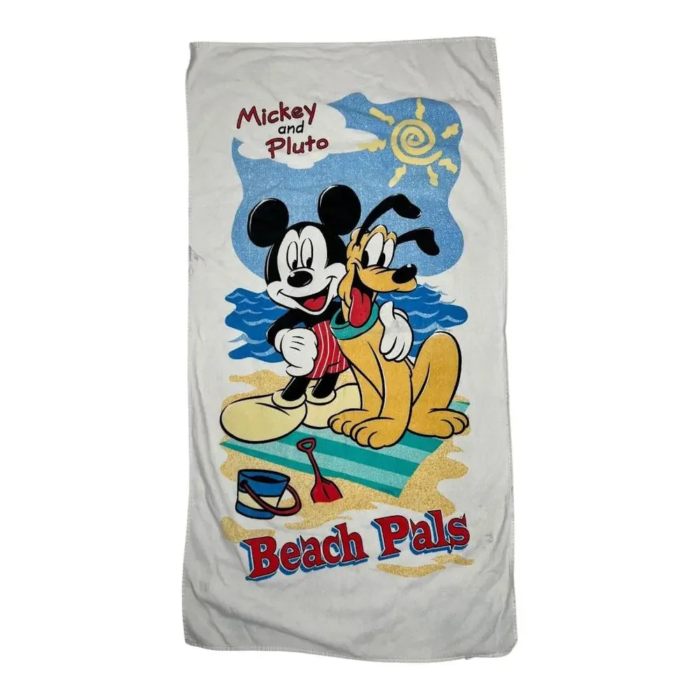 Vintage Disney Mickey Pluto Beach Pals Beach Towel 28x53 90s